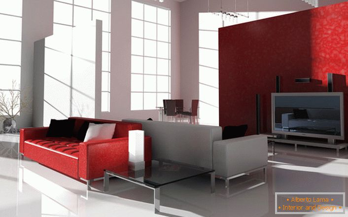 The contrasting scarlet color in high-tech style is interesting and in demand. The bright red sofa on the chrome legs is ideal for decorating a modern interior.