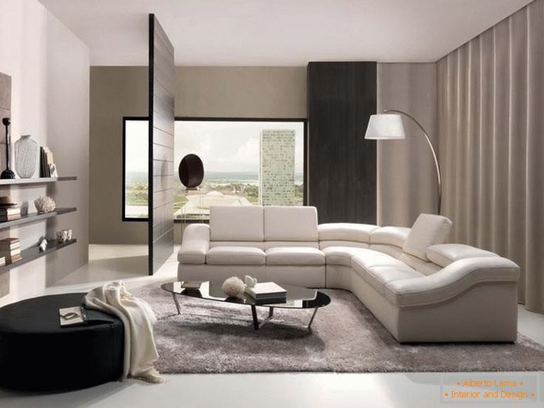 Soft, comfortable sofa in high-tech style, fits perfectly into the interior of the studio apartment. 