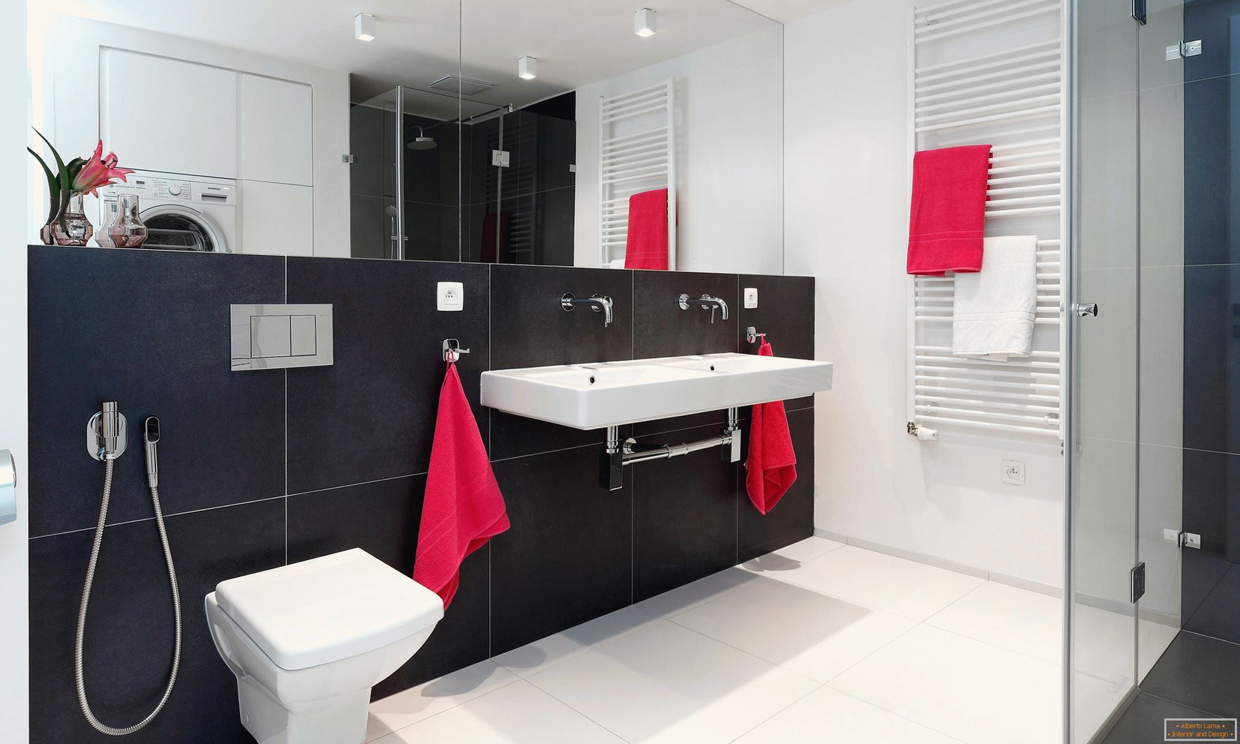 Red, white and black in the design of the bathroom