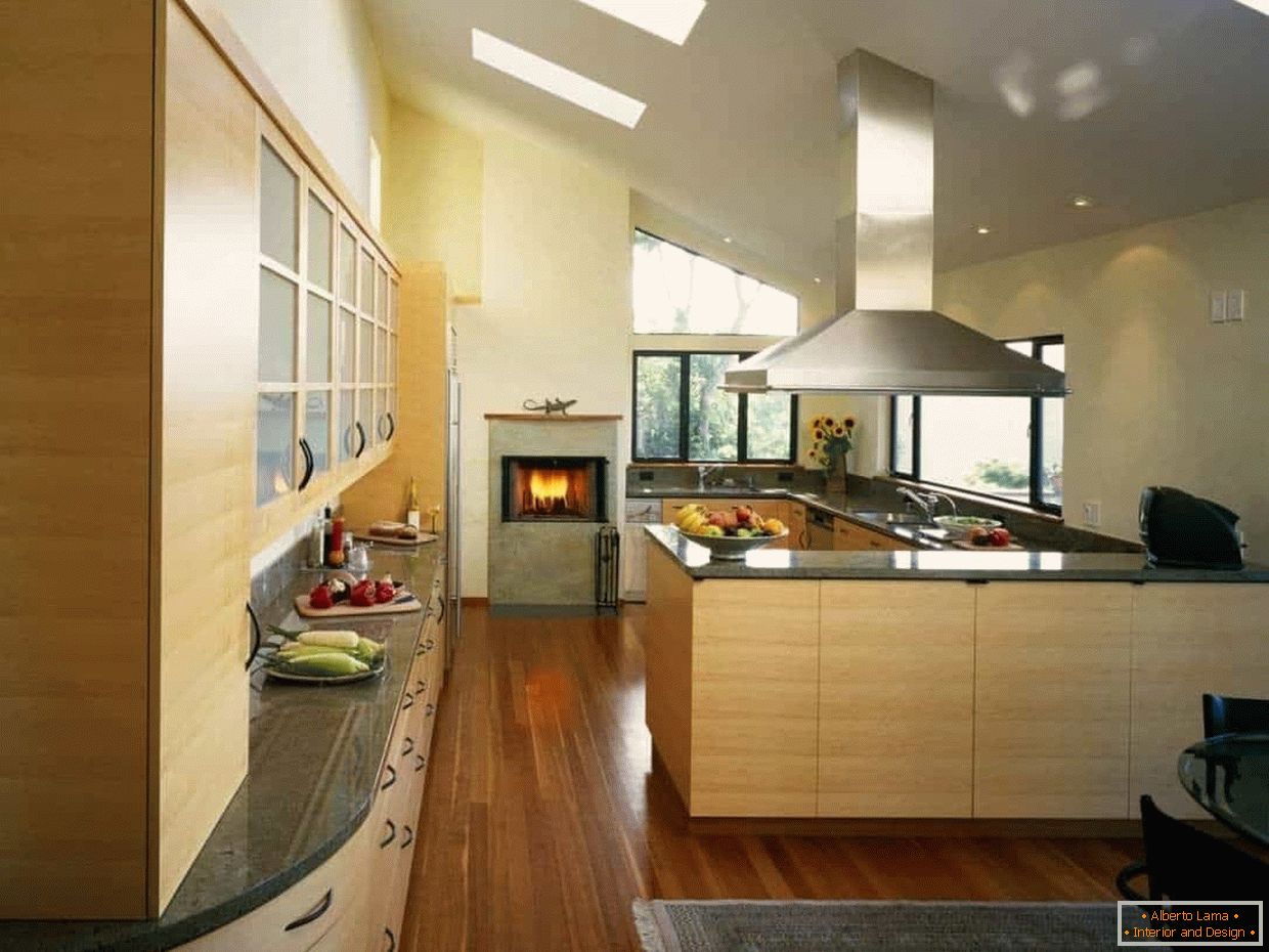 kitchen with bio-fireplace and mansard windows