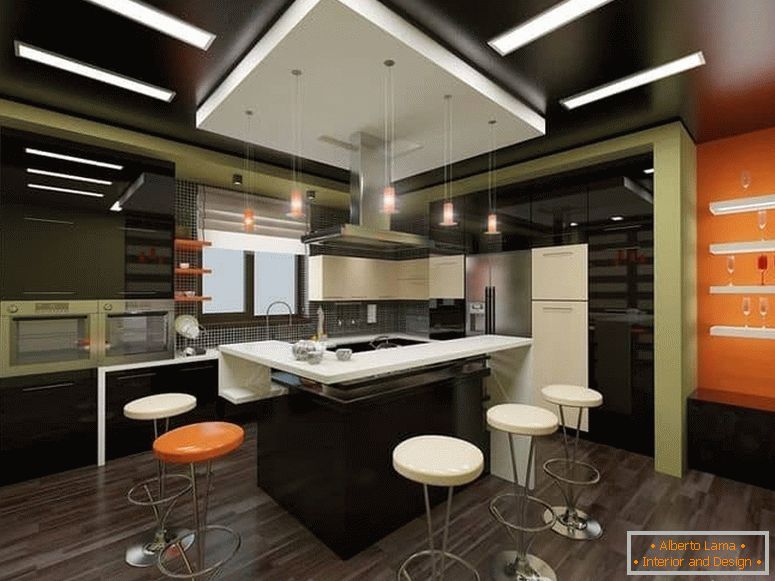 Large kitchen in high-tech style with a bar and chairs