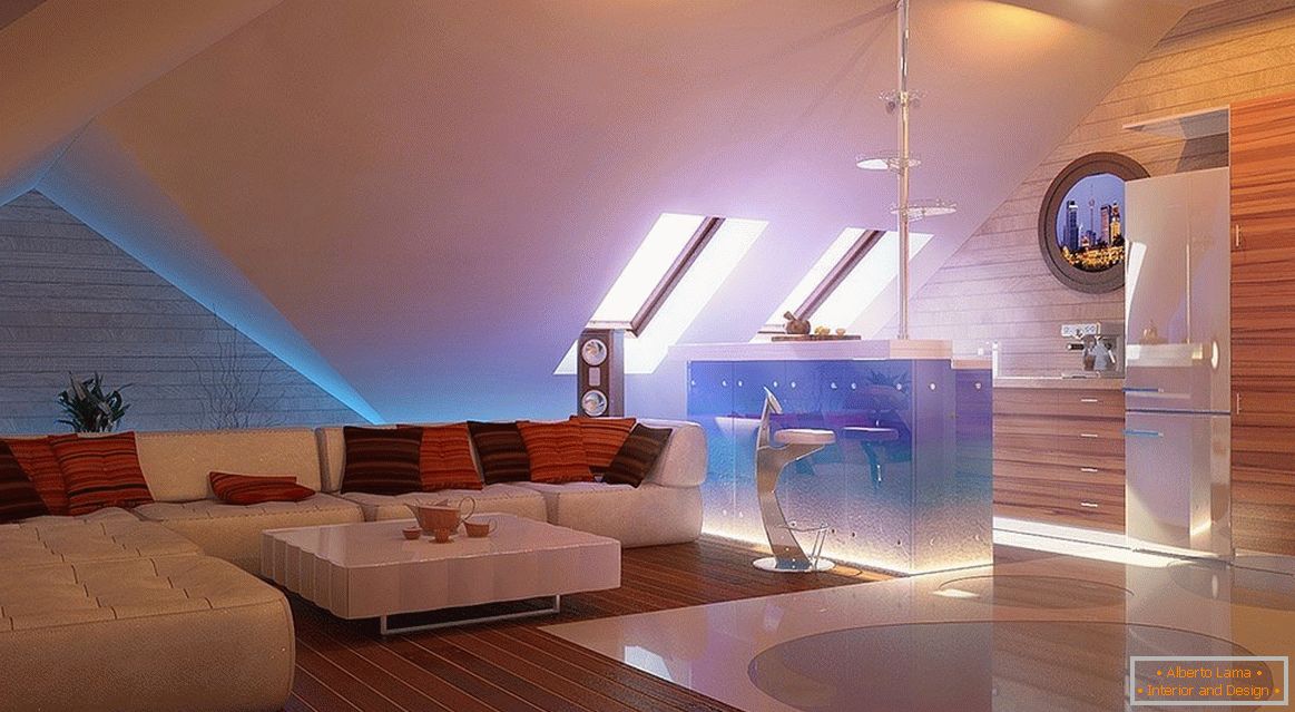 Living room in the attic of a private house