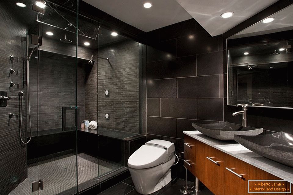 Dark brown tiles in the bathroom