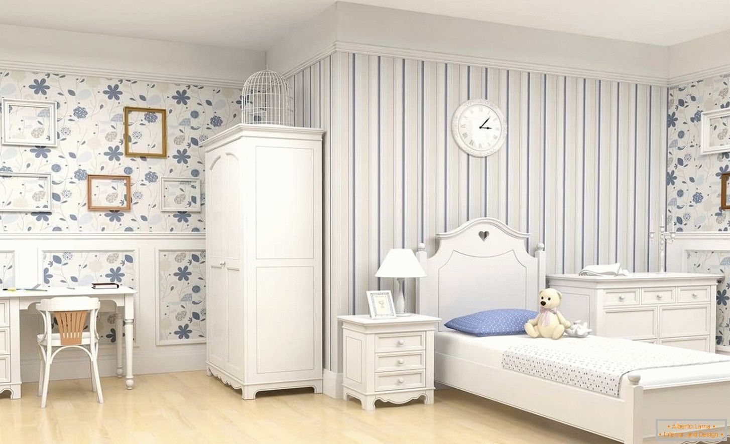 Light blue and white room for a girl
