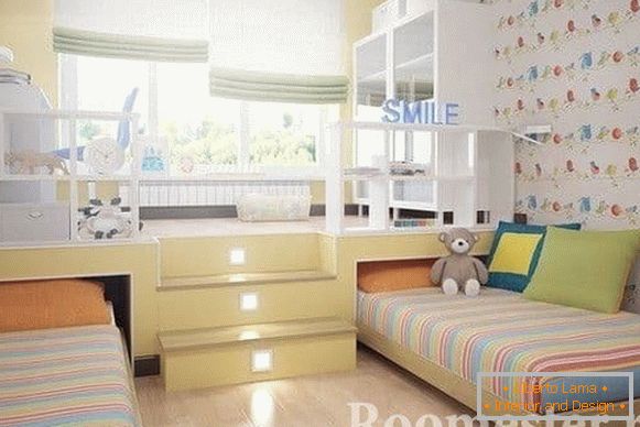 Children's room for children of different sexes with a podium