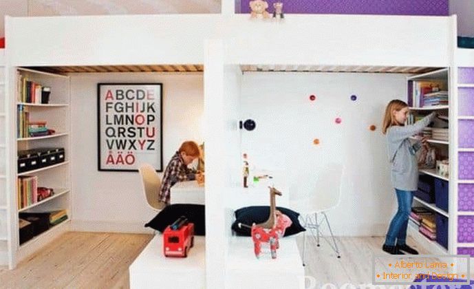 Children's room for children of different sexes, divided into two spaces