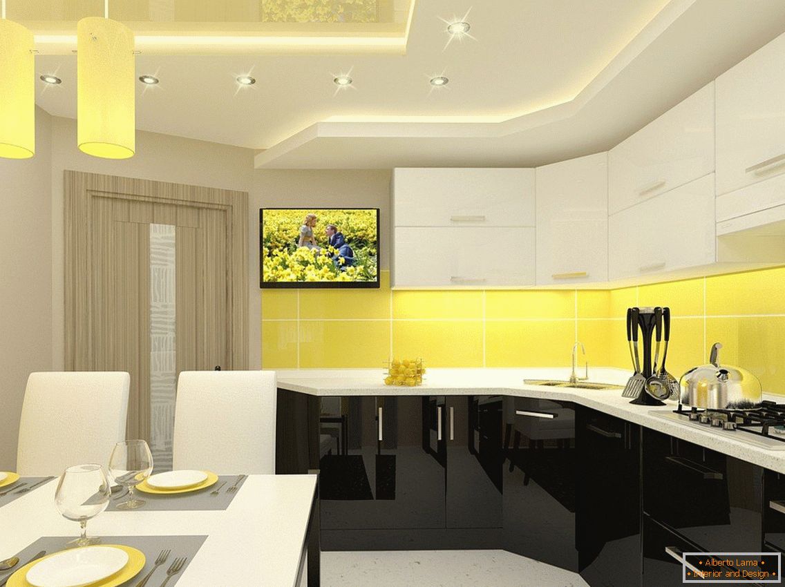 Yellow kitchen and white furniture