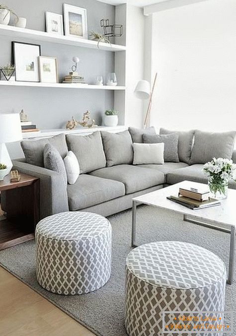 Living room in gray tones in combination with white