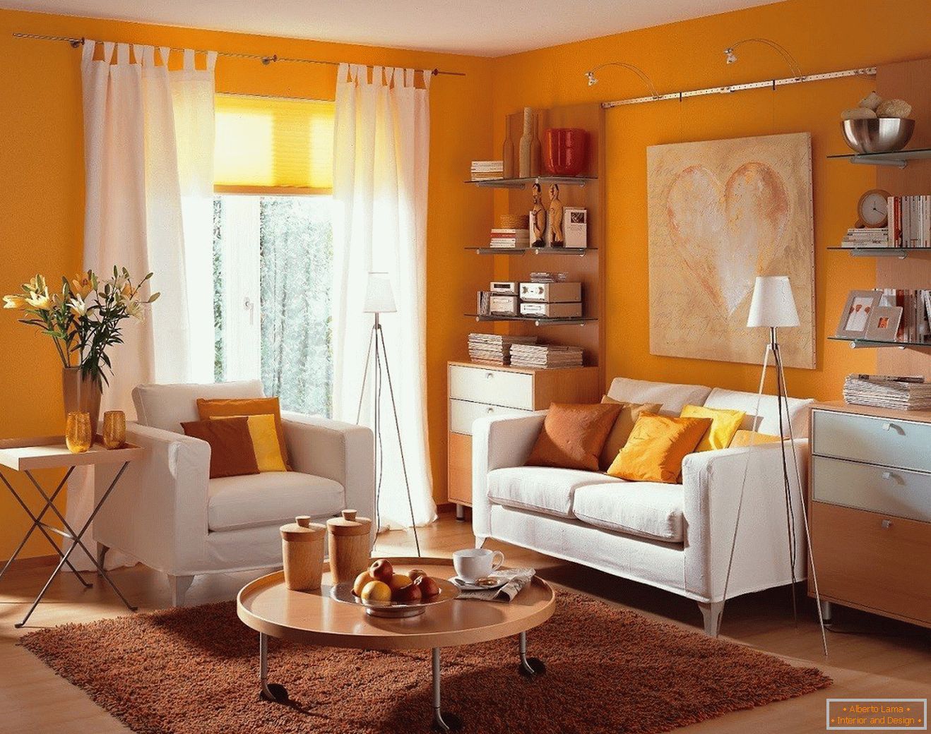 Living room with orange walls