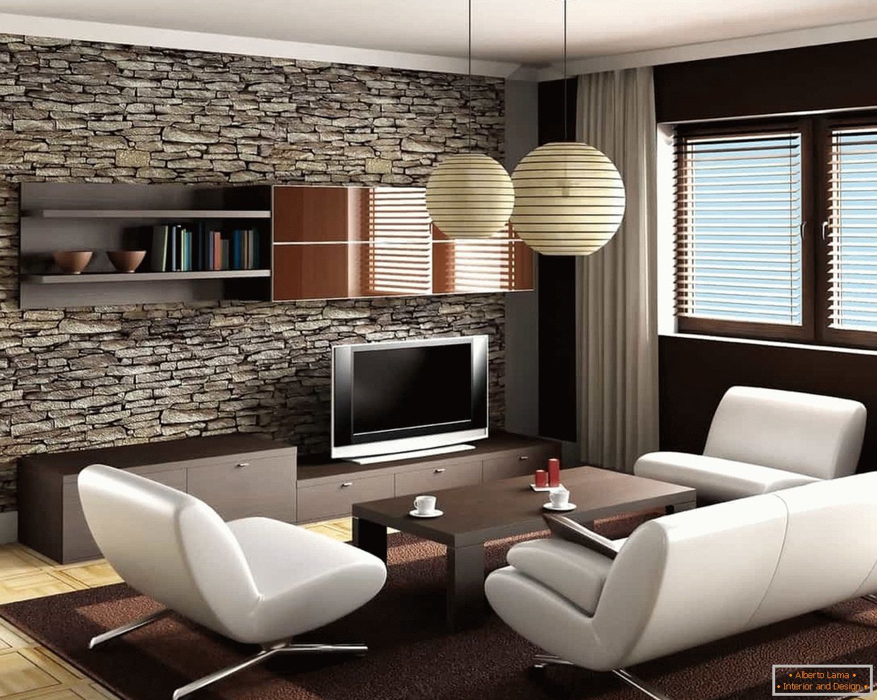 Stone in the decoration of the living room wall 19 sq. M.