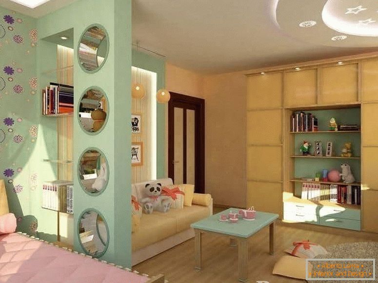 Children's room and living room in one room are separated by plasterboard partition