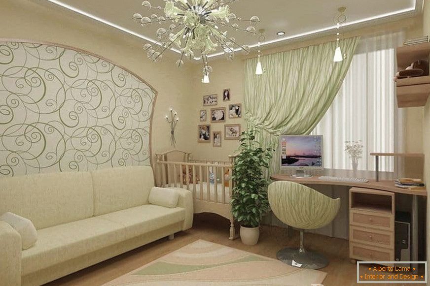 Living room and baby cot in one room