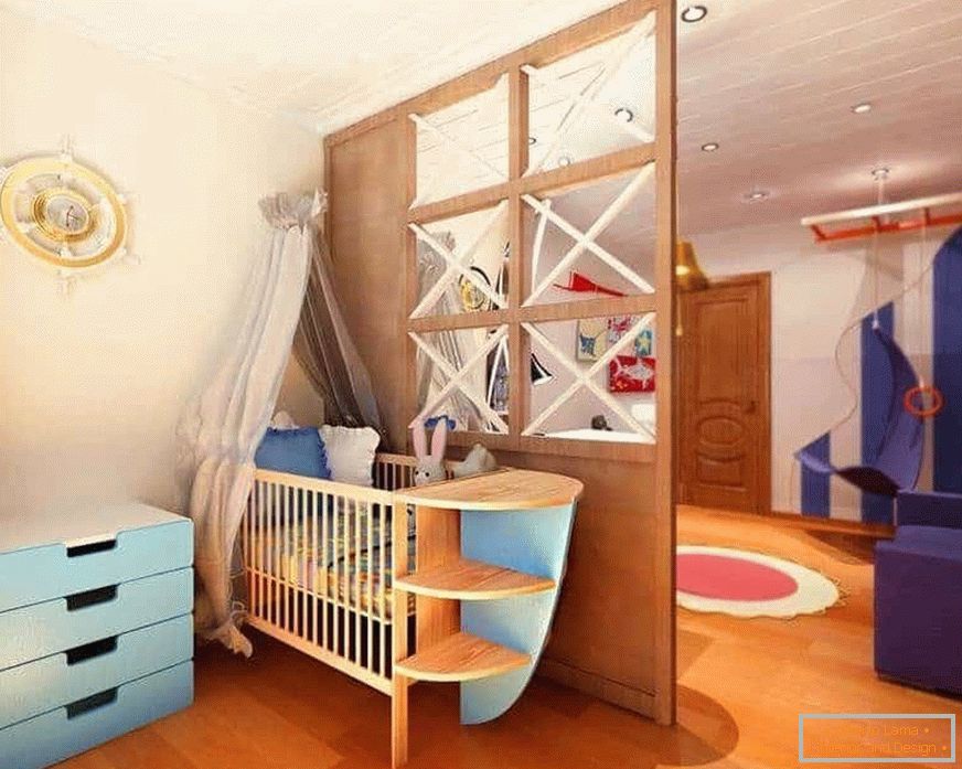 Wooden partition in one room of the living room and children's room
