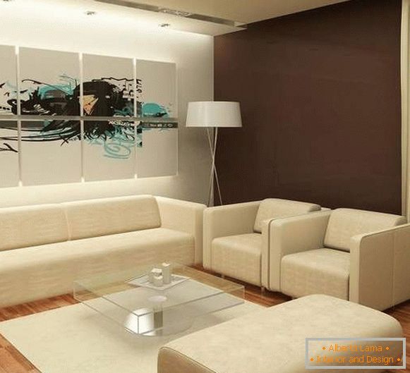 Design of a modern living room in a private house with white upholstered furniture