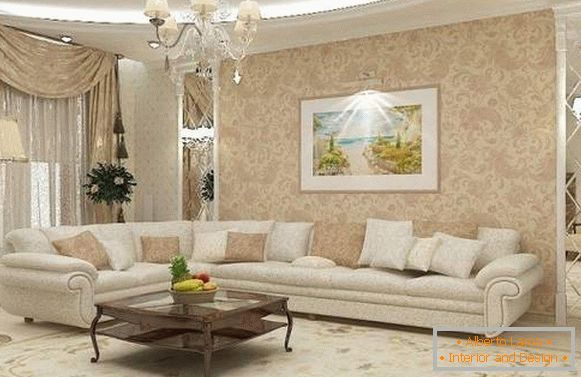 Classic design of the living room in a private house in white and beige colors