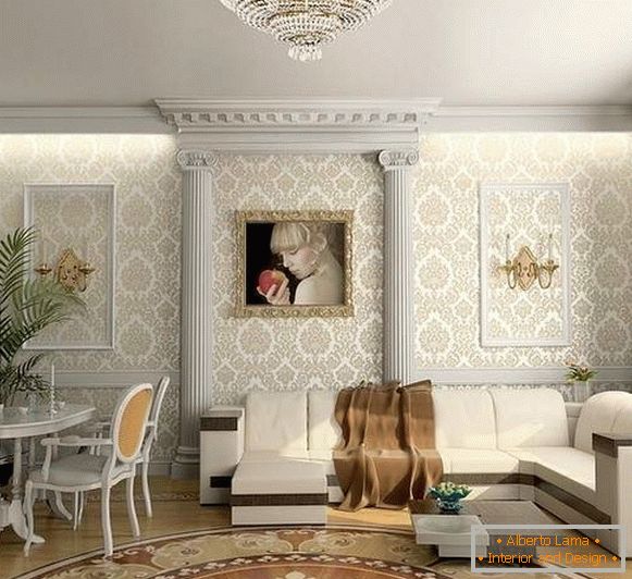 Classic design of the living room in a private house with stucco decoration