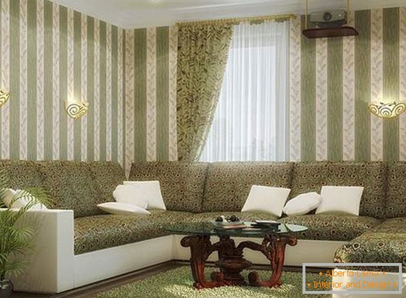 The design of the living room in a private house in white and green colors