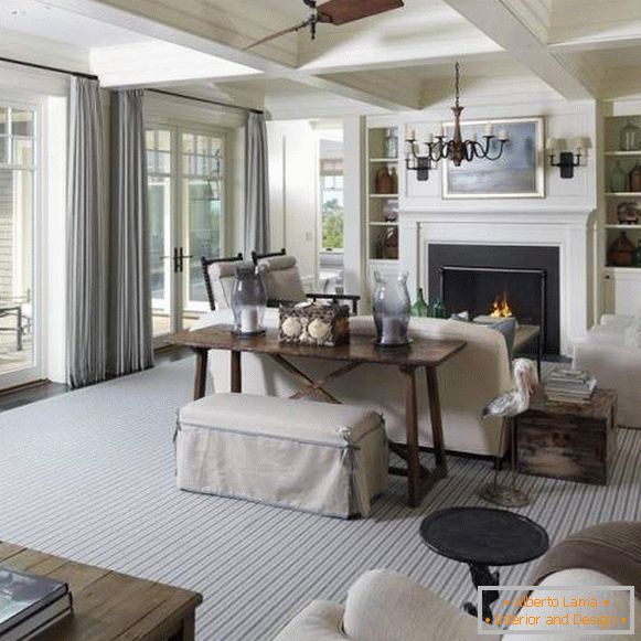 Design of a living room with a fireplace in a private house - interior photo
