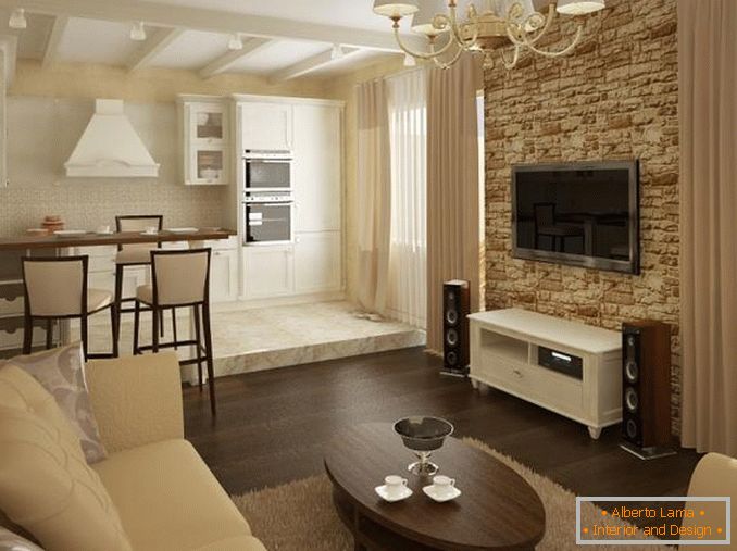 Zoning of the living room with different decoration of the floor and walls