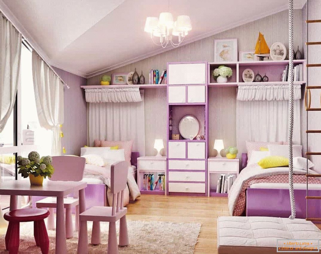 Children's room for two girls with a sports corner