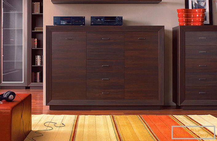 A set of furniture for the living room of the Wenge color is equipped with many capacious boxes. A minimum of furniture makes the space not cluttered.