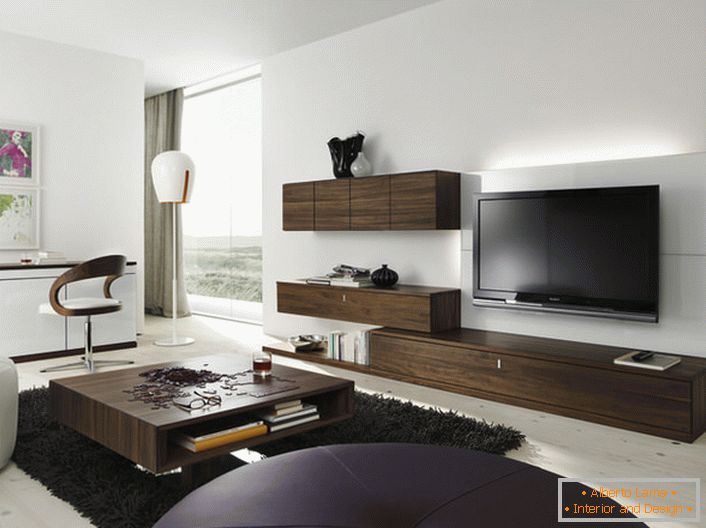 The furniture set for a living room of wenge color looks organically in a modern interior.