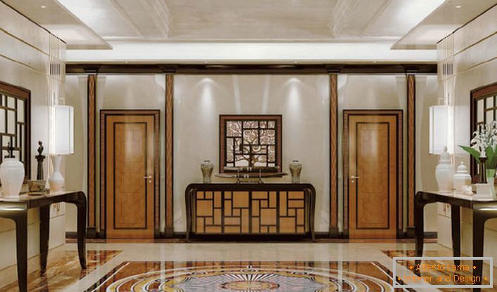 Luxurious decoration of the hall in the style of art deco with notes of classics. A stylish, refined interior with no excess of decorative details looks expensive and pretentious.