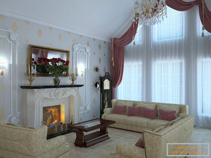 Guest room in the style of art deco in the attic floor. The wood burning fireplace in the snow-white panel with ornate stucco looks attractive, makes the atmosphere in the room warm and romantic.
