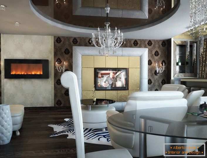 As a decoration of walls in the style of art deco, panels are used. TV and fireplace are distinguished by light sections of wallpaper and tiles. 