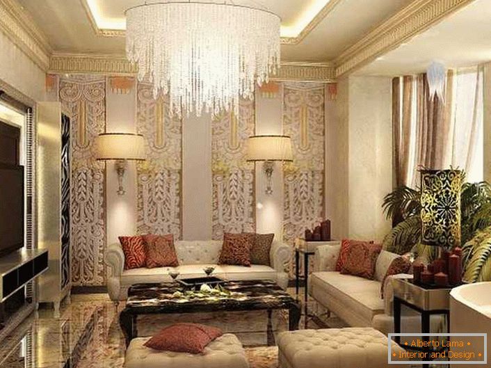 In accordance with the requirements for the design of the living room in the style of art, many different textures were used. But the designer could not step over the thin line and the room remained an exquisite and not overloaded with excess parts.