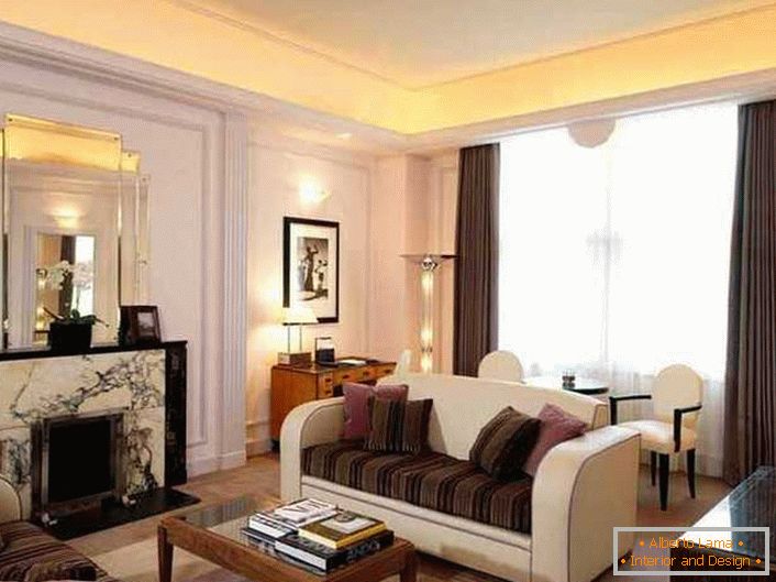 An excellent example of the fact that the style of art deco can be moderately restrained. Glamorous interior of the living room is cozy in a family style.