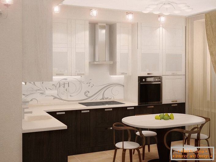 The classic design of the kitchen is notable for its advantageous combination of white and wenge. Pleasant, attractive design is the dream of every mistress.