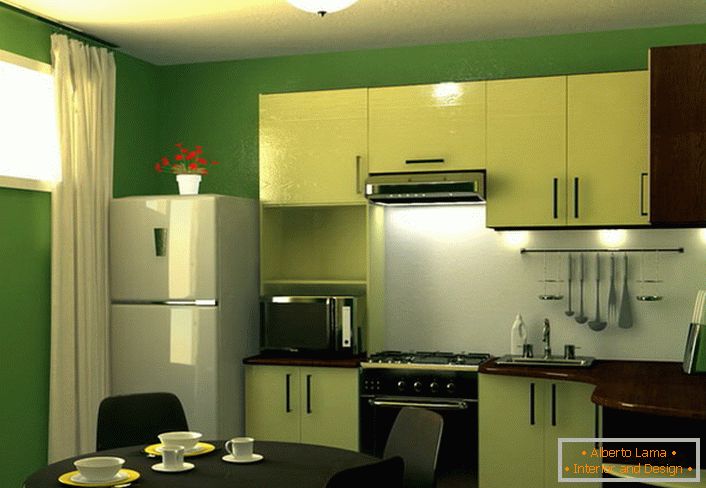 Green is the color of tranquility and harmony. Kitchen area of ​​9 sq. M in this color scheme - an excellent solution for the design of any city apartment.