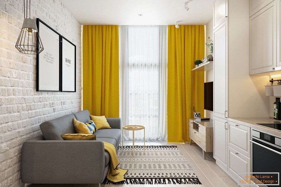 Yellow curtains in a light interior