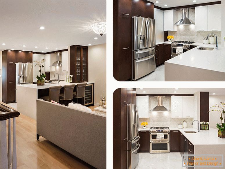 Interior design of small kitchen in contrast color