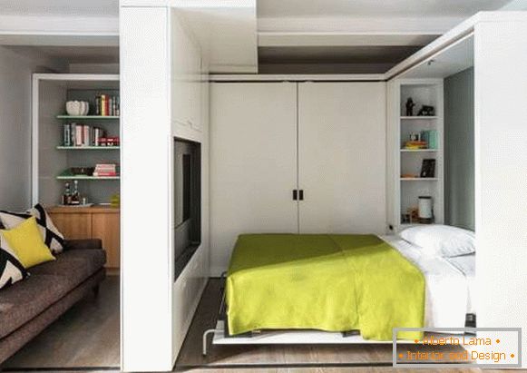 Furniture transformer and partitions in the interior of a one-room apartment