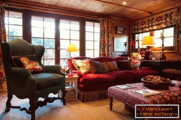 Design of a country house inside - a living room in the style of a chalet