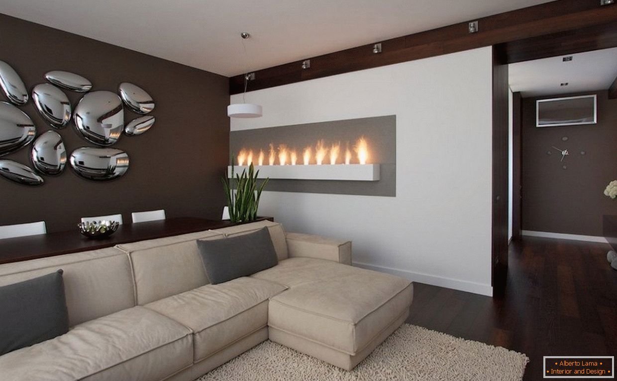 Hall in the style of high-tech with bio-fireplace
