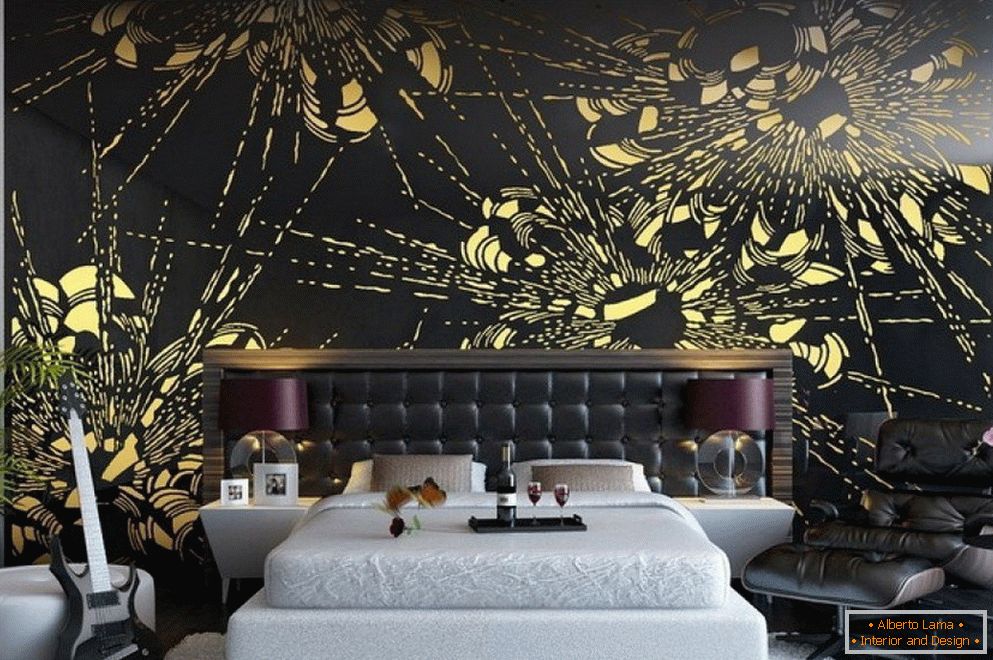 Black wall and white bed