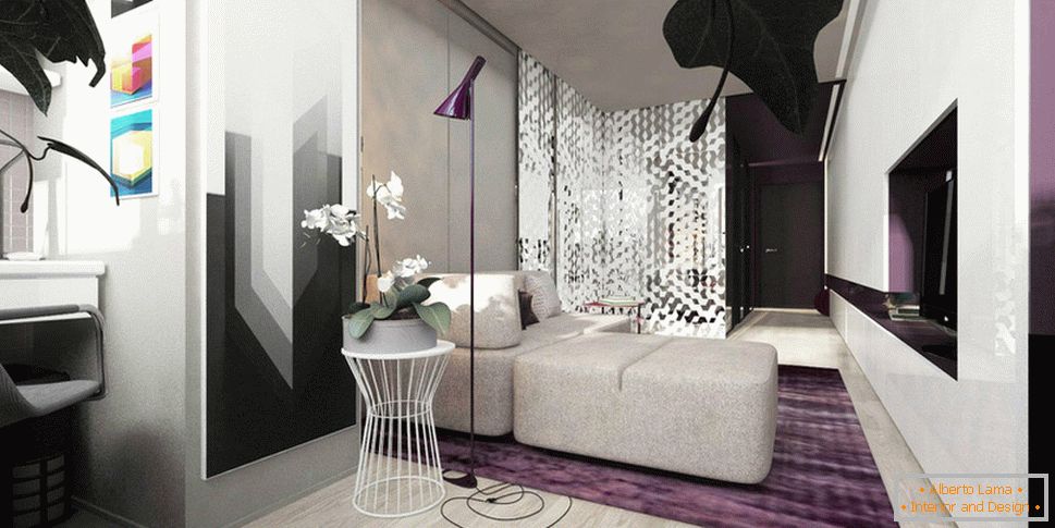 Purple accents in the design of a tiny apartment
