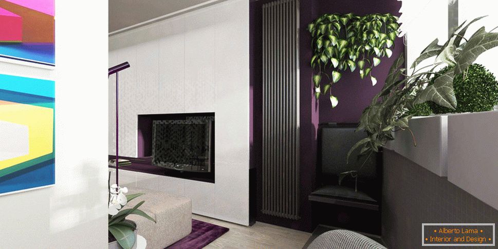 Plum accents in the design of a tiny apartment