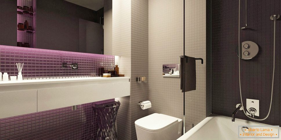 Purple accents in the design of a tiny bathroom