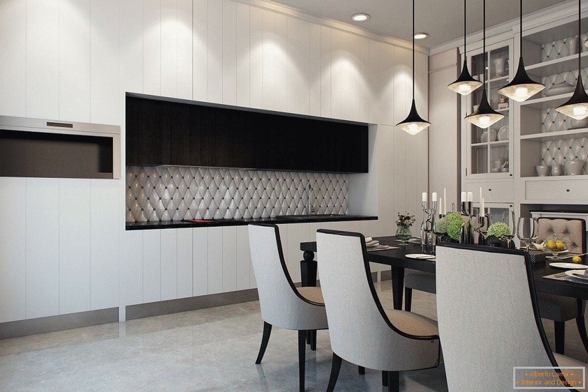 Monochrome kitchen-dining room design