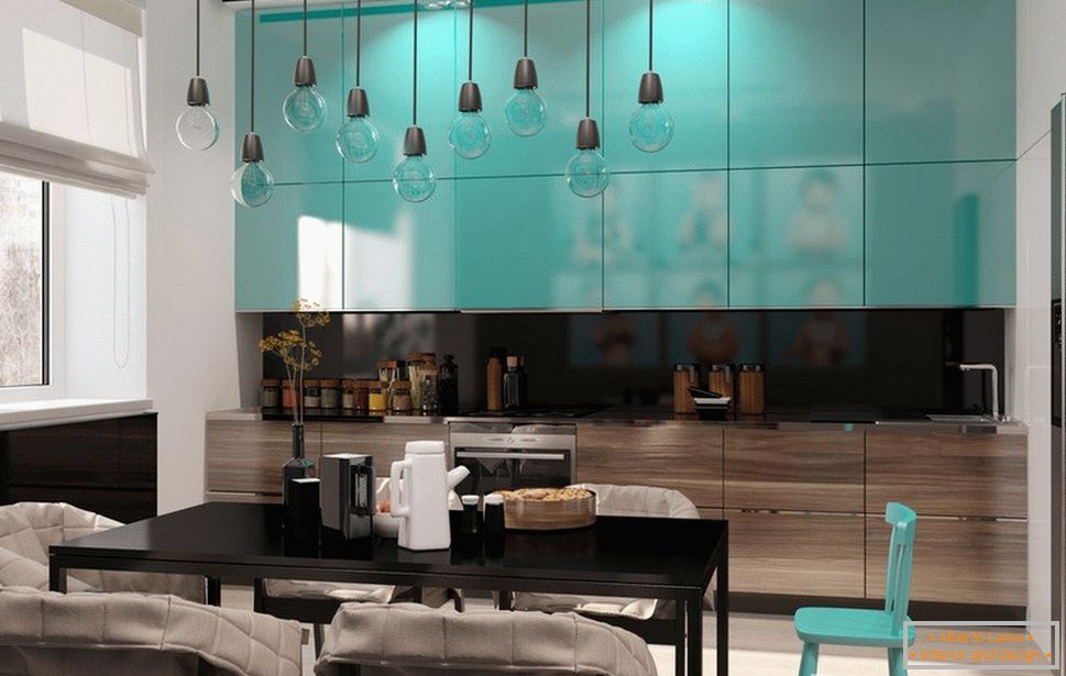 Turquoise color in the kitchen combined with black in the dining room