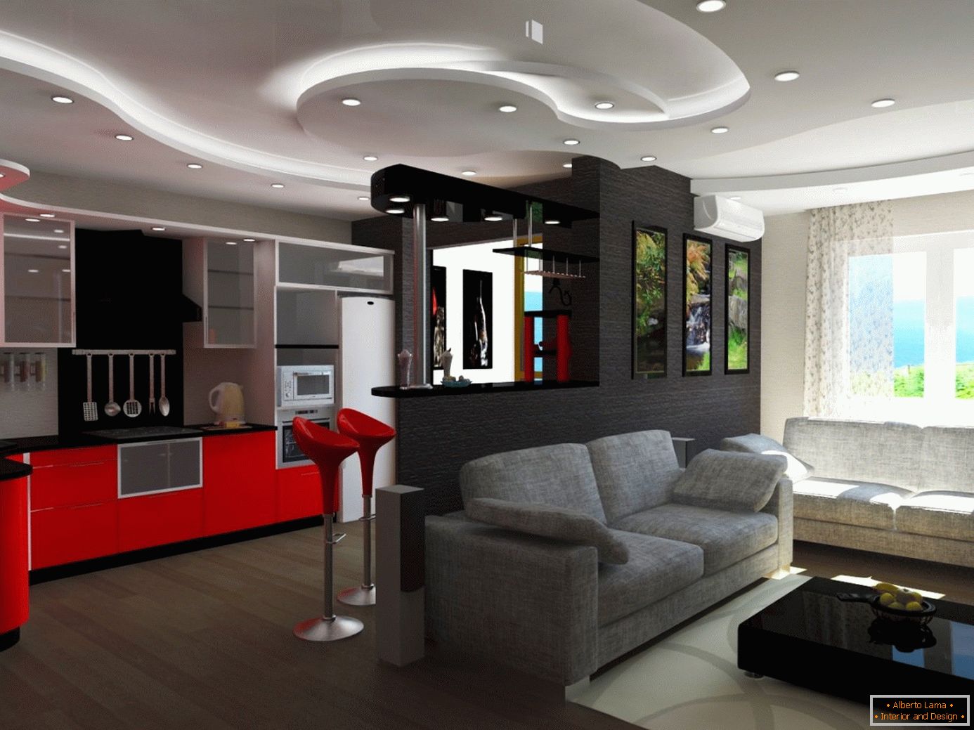 Design kitchen studio with a multi-level ceiling