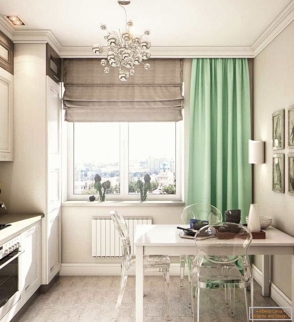 Beige kitchen with green curtains