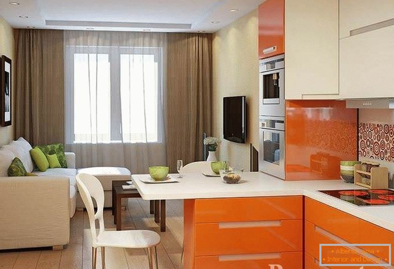 Orange color in the interior of the kitchen