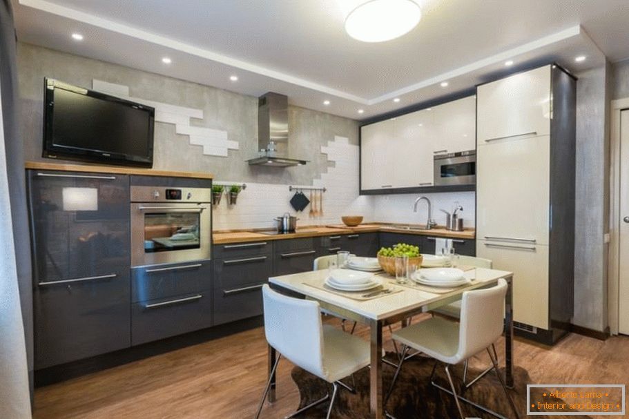 The combination of gray and light furniture in the kitchen
