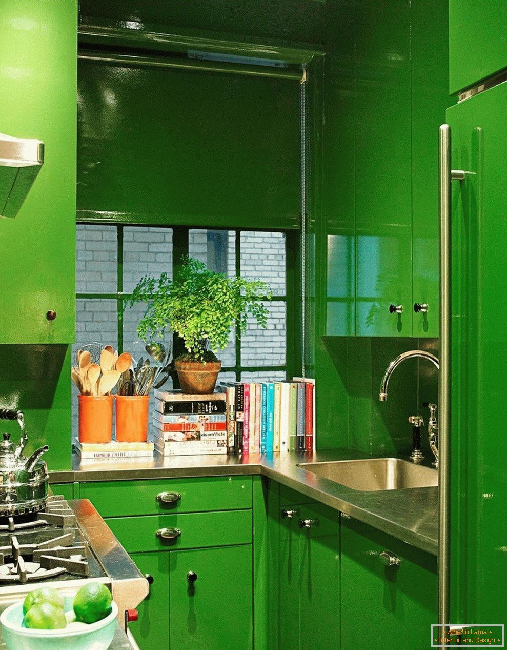 A small green kitchen