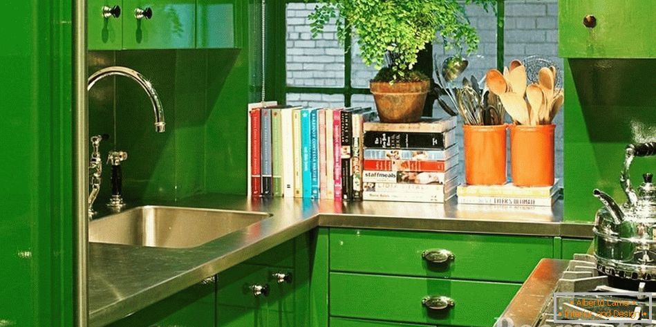 Another perspective of the kitchen is green